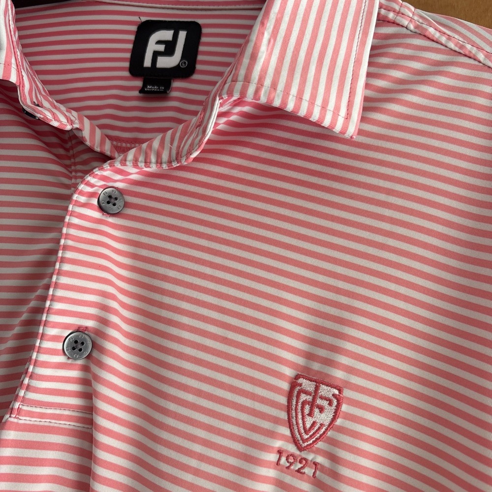 Foot Joy FJ Golf Polo L Pink‎ White Striped Performance Wicking TCC 1921 Logo